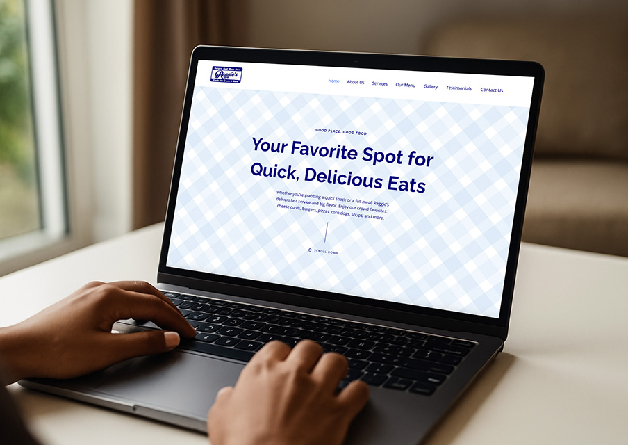 Mockup of a responsive restaurant website displayed on a laptop, showcasing a clean UI layout, navigation menu, and hero section with headline text.